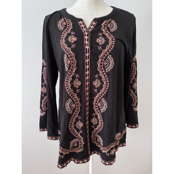 J. Jill Black Embroidered V Neck Boho Tunic Top Women’s Size‎ Small - Picture 1 of 7